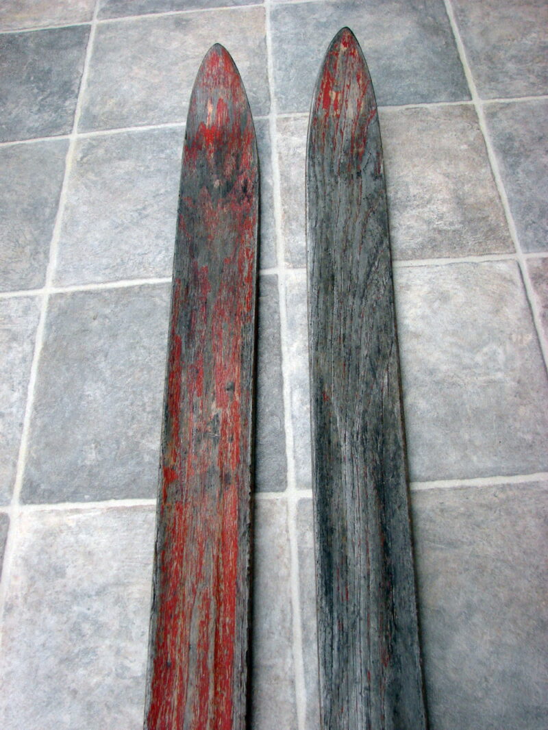 Vintage Chippy Red Paint Wood Snow Skis Complete w/ A&#038;T Anderson &#038; Thompson Bindings, Moose-R-Us.Com Log Cabin Decor