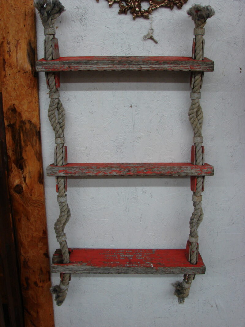 Vintage Wood Rope Ships Ladder Hanging Wall Shelf Marked Unique Shelving Unit, Moose-R-Us.Com Log Cabin Decor