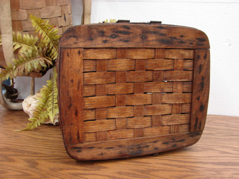 Vintage Antique Split Reed Wood Box w/ Lid Lidded Wooden Reed Basket, Moose-R-Us.Com Log Cabin Decor