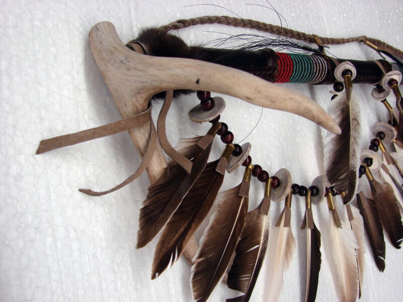 Authentic Native American Indian Navajo Large Ceremonial Rawhide Antler Pipe Wall Hanger, Moose-R-Us.Com Log Cabin Decor