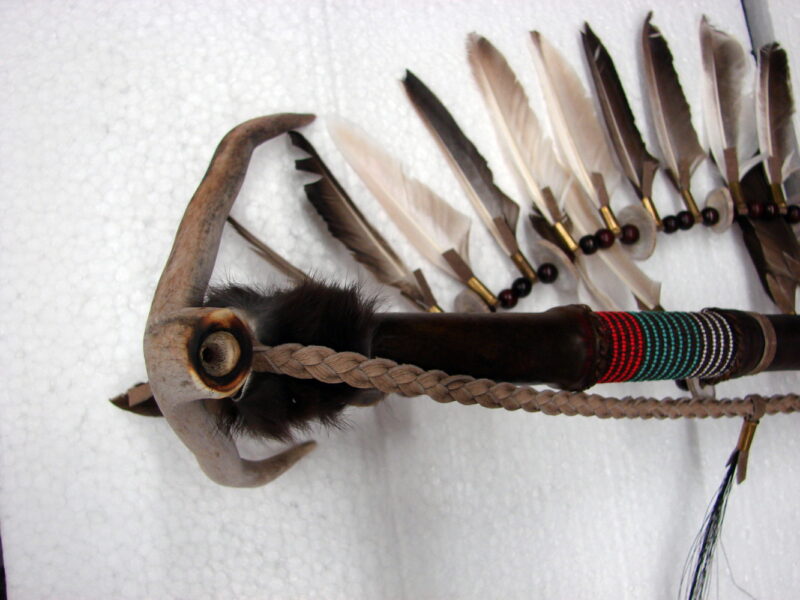 Authentic Native American Indian Navajo Large Ceremonial Rawhide Antler Pipe Wall Hanger, Moose-R-Us.Com Log Cabin Decor