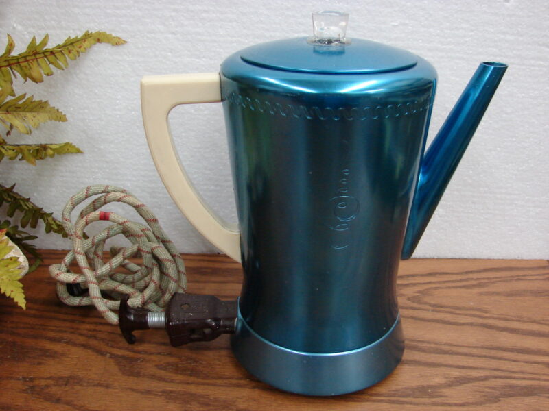 Vintage West Bend Flavo-matic Electric Blue Coffee Percolator 8 Cup Art Deco, Moose-R-Us.Com Log Cabin Decor