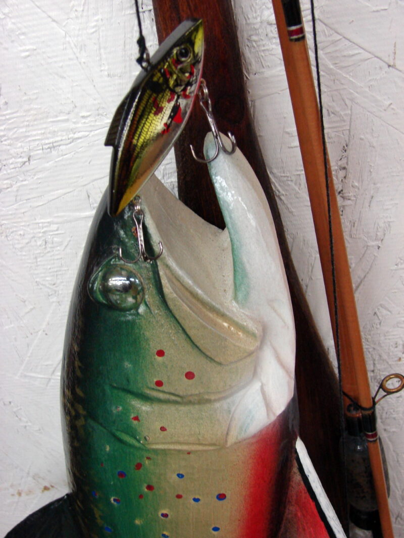 Casey Edwards Hand Wood Carved Fish Decoy Paddle Bass Trout Northern Musky, Moose-R-Us.Com Log Cabin Decor