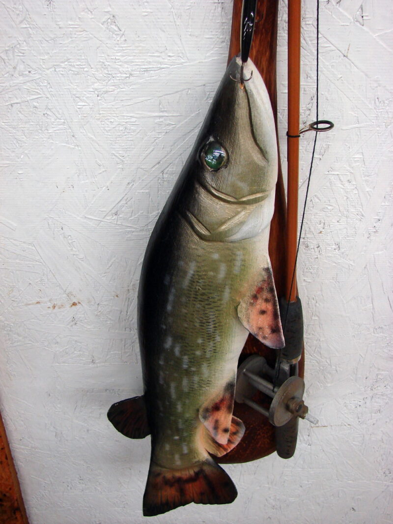 Casey Edwards Hand Wood Carved Fish Decoy Paddle Bass Trout Northern Musky, Moose-R-Us.Com Log Cabin Decor