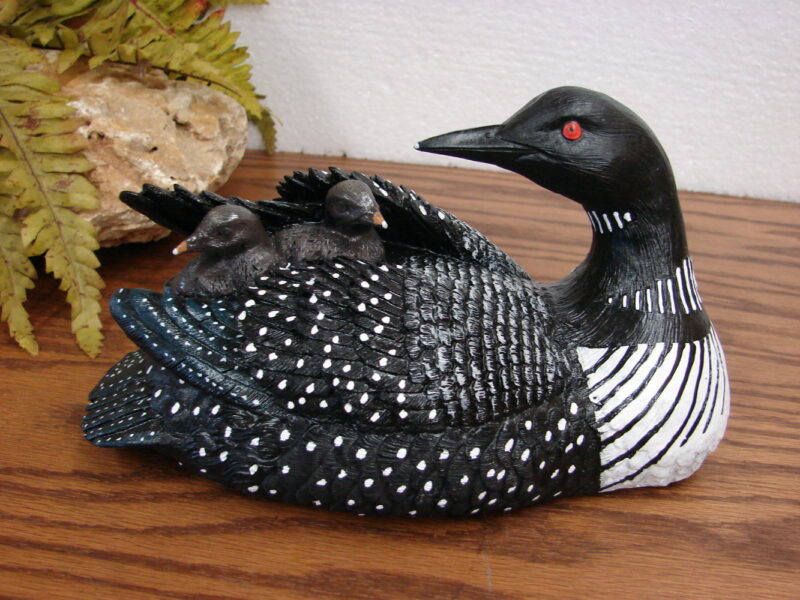 Detailed Common Loon with Two Baby Chicks on Back Figurine, Moose-R-Us.Com Log Cabin Decor