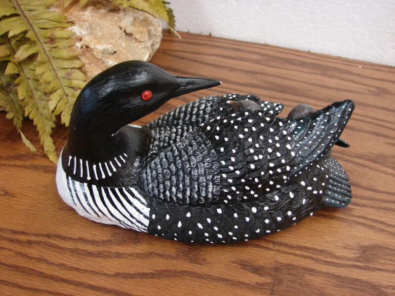 Detailed Common Loon with Two Baby Chicks on Back Figurine, Moose-R-Us.Com Log Cabin Decor
