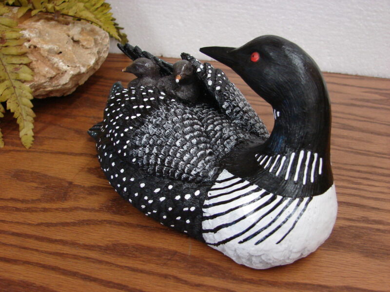 Detailed Common Loon with Two Baby Chicks on Back Figurine, Moose-R-Us.Com Log Cabin Decor