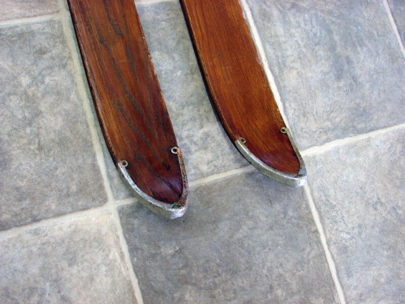 Vintage Hickory Wood Snow Skis Metal Tips Iron Rails Aspen Cortina Complete Bindings, Moose-R-Us.Com Antiques Collectibles Log Cabin Decor