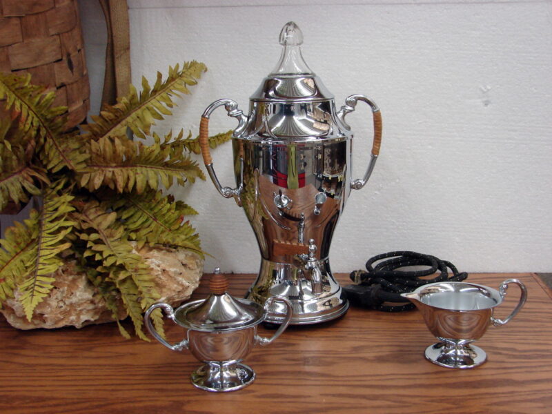 Vintage Continental Silver Chrome Coffee Urn Server Creamer Sugar Decor, Moose-R-Us.Com Log Cabin Decor