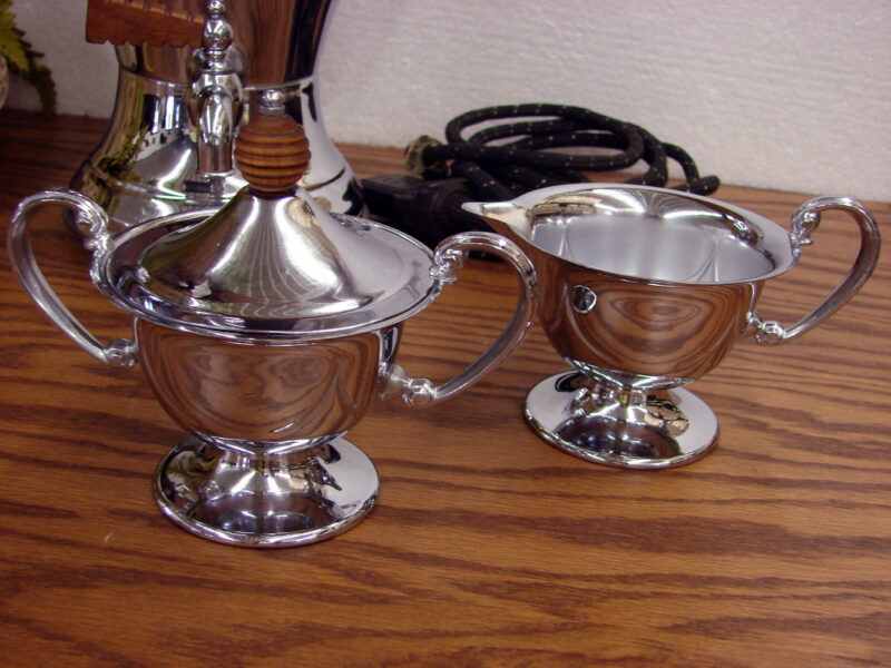 Vintage Continental Silver Chrome Coffee Urn Server Creamer Sugar Decor, Moose-R-Us.Com Log Cabin Decor