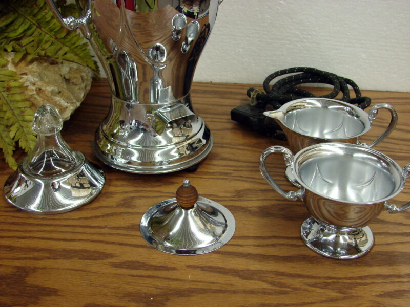 Vintage Continental Silver Chrome Coffee Urn Server Creamer Sugar Decor, Moose-R-Us.Com Log Cabin Decor
