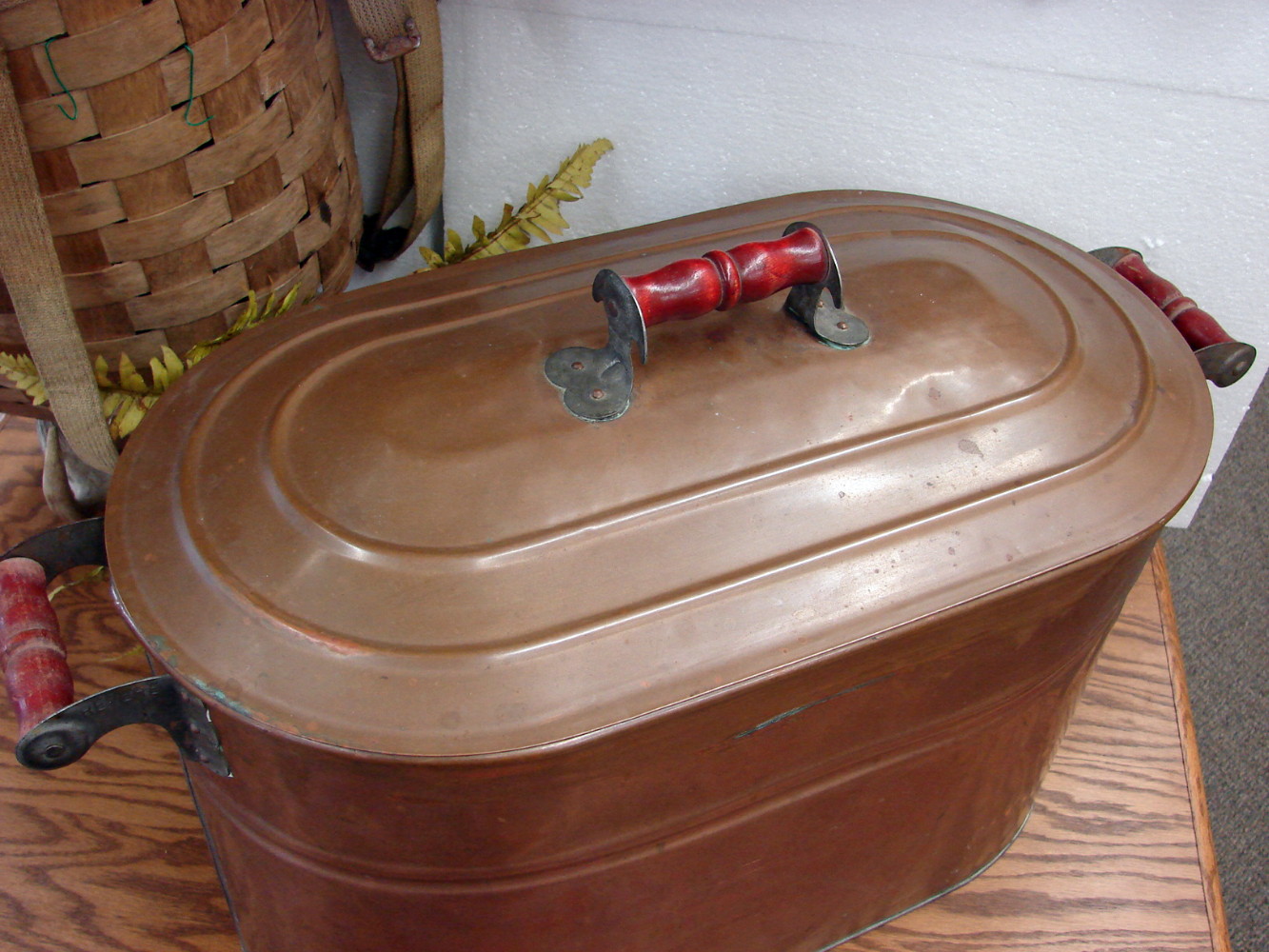 Vintage Copper Boiler With Lid Wash Tub Basin Farmhouse Antiques Rustic  Home Decor Large Boiling Pot Old Fashioned Wooden Handles Primitive 