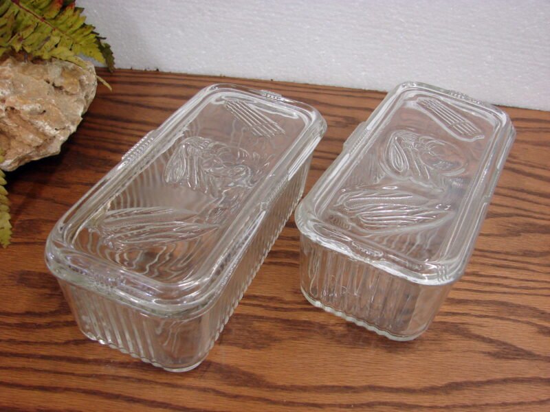 Vintage Federal Glass Ribbed Rectangular Refrigerator Box Vegetable or Fruit, Moose-R-Us.Com Log Cabin Decor