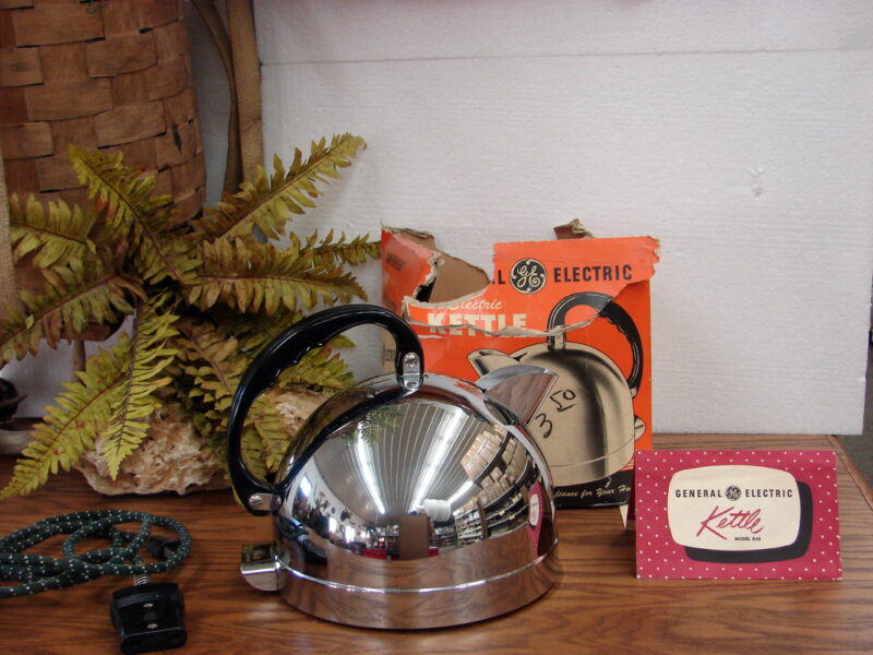 Vintage Retro Round Ball GE Chrome Electric Kettle Water Heater Tea Coffee K42 Box, Moose-R-Us.Com Log Cabin Decor