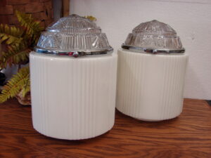 Large Antique Ribbed Cathedral Ceiling Pendant Light Skyscraper Glass Globe Set/2