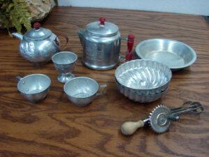 Vintage Aluminum Childs Nursery Rhyme Tea Set Pans Mixer Cake Toys