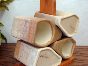 Set/4 Rodolfo Padilla Stoneware Pottery Drip Glaze Mugs w/ Stand Aztec Pastel Natural Drip