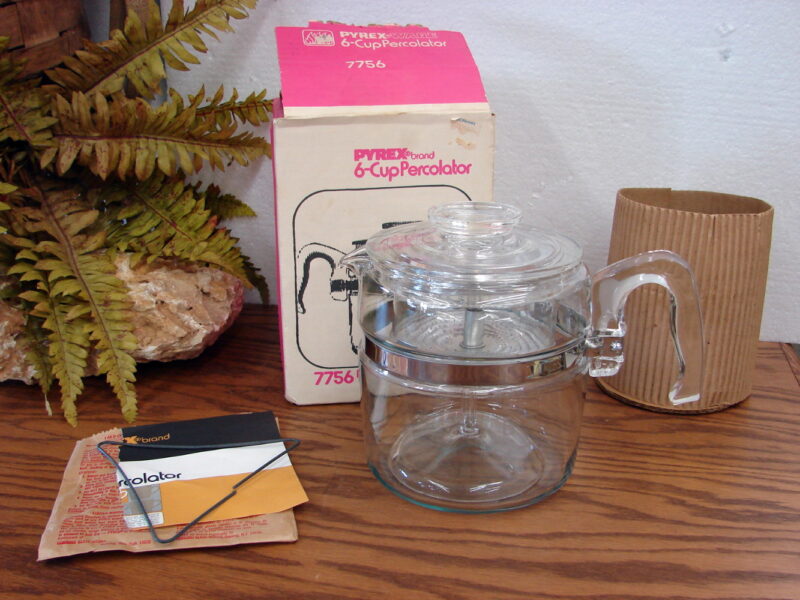 Brand New in Box Vintage Pyrex 7756 Flameware Glass Coffee Percolator Pot 6 Cup, Moose-R-Us.Com Log Cabin Decor