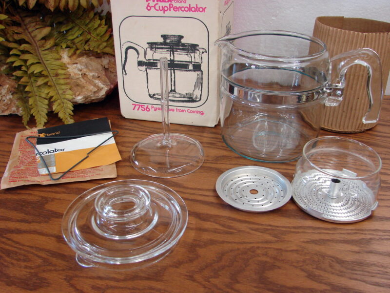 Brand New in Box Vintage Pyrex 7756 Flameware Glass Coffee Percolator Pot 6 Cup, Moose-R-Us.Com Log Cabin Decor
