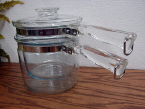 Vintage PYREX #6283 Flameware Glass Double Boiler Sauce Pan w/ Matching Lid Handle Rings