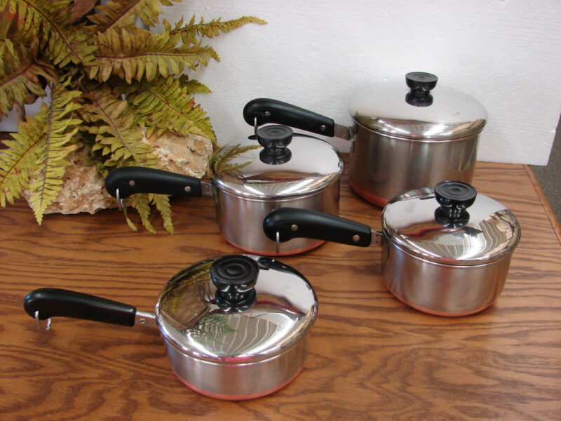 Vintage Revere Ware Copper Bottom Pots Pans Teapot Kitchen Cookware, Moose-R-Us.Com Log Cabin Decor