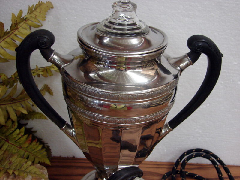 Vintage Art Deco Silver Chrome Footed Grecian Handle Coffee Urn Server Decor, Moose-R-Us.Com Log Cabin Decor