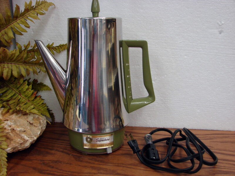 Vintage Retro Ward Signature Chrome Avocado Green Coffee Percolator Pot, Moose-R-Us.Com Log Cabin Decor