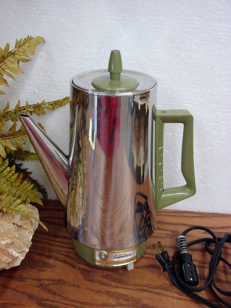 Vintage Retro Ward Signature Chrome Avocado Green Coffee Percolator Pot, Moose-R-Us.Com Log Cabin Decor