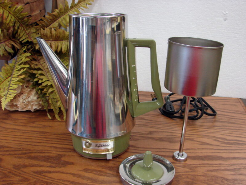 Vintage Retro Ward Signature Chrome Avocado Green Coffee Percolator Pot, Moose-R-Us.Com Log Cabin Decor