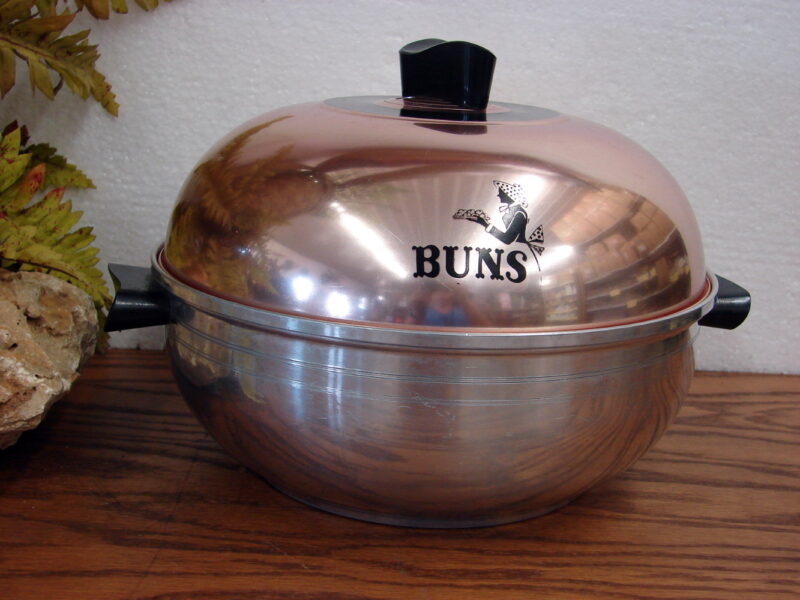 Vintage West Bend Serving Oven Bun Warmer Copper Chrome Alumnium Dome Lid Complete, Moose-R-Us.Com Log Cabin Decor