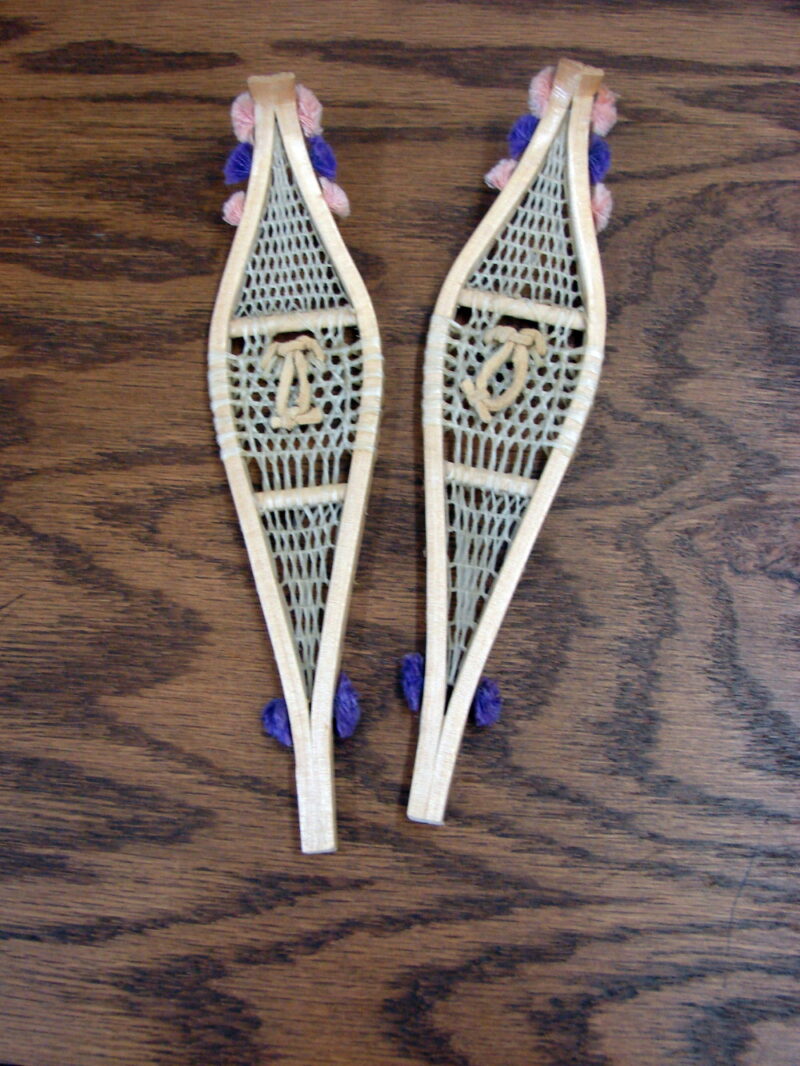 Miniature Detailed Wood Pom Pom Native American Indian Cree Snowshoe Pair, Moose-R-Us.Com Log Cabin Decor