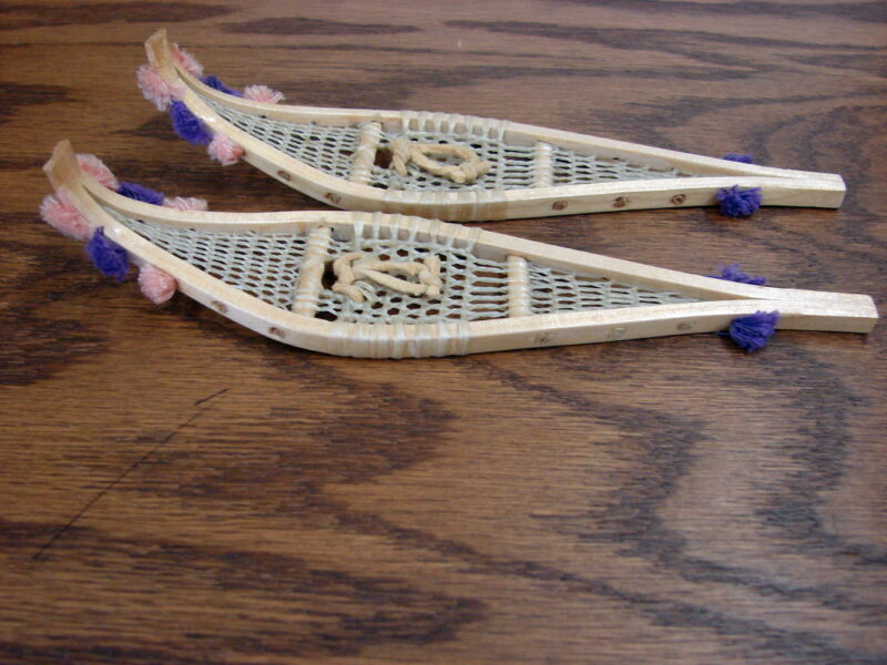 Miniature Detailed Wood Pom Pom Native American Indian Cree Snowshoe Pair, Moose-R-Us.Com Log Cabin Decor