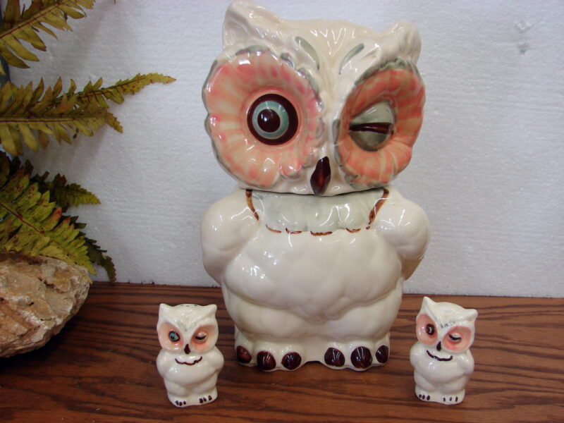 Vintage Shawnee Pottery Granny Ann Muggsy Winking Owl Tea Pot Cookie Jar Set, Moose-R-Us.Com Log Cabin Decor