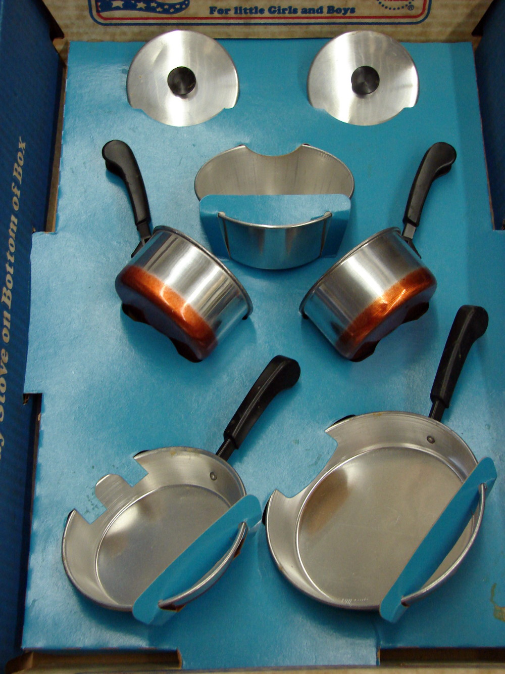 Vintage Copper Bottom Revere Ware Toy Childs Size 7 pc Cookware Set NIB - Image 3