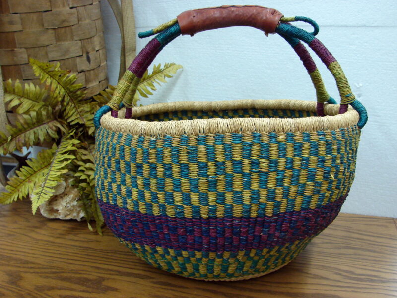 Extra Large Round Colorful Ghana Africa Basket Elephant Grass Leather Handle, Moose-R-Us.Com Log Cabin Decor