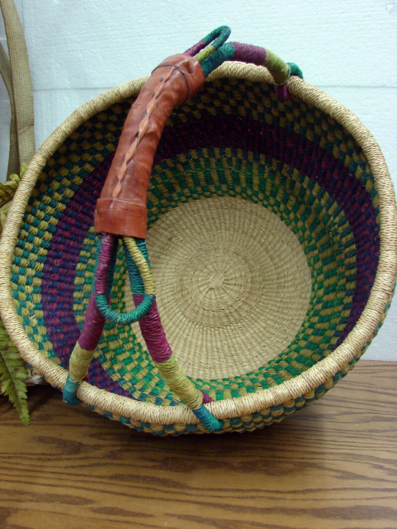 Extra Large Round Colorful Ghana Africa Basket Elephant Grass Leather Handle, Moose-R-Us.Com Log Cabin Decor