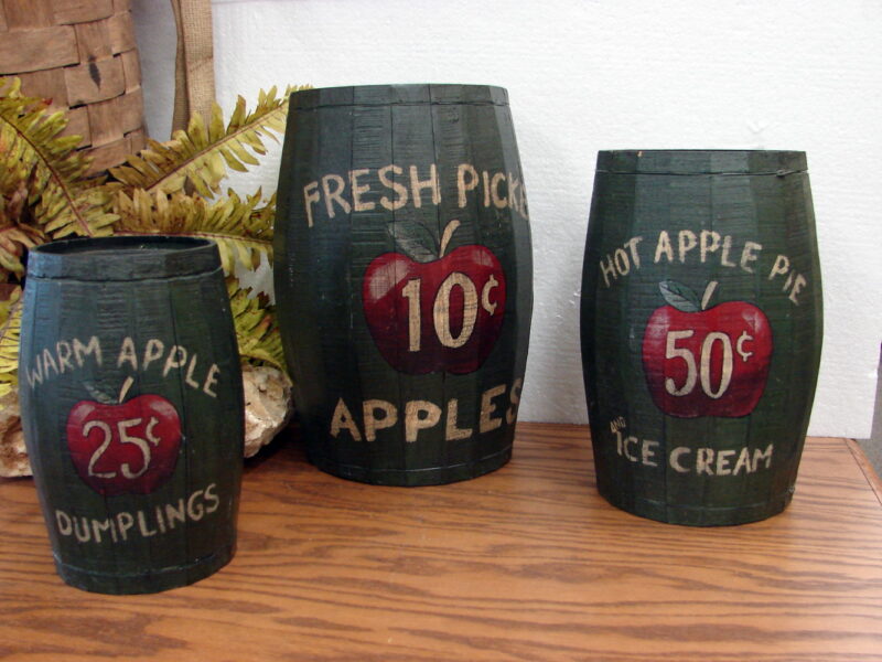 Wooden Barrel Set Apple Painted Decor Nail Key Style Dumplings Pie Kitchen, Moose-R-Us.Com Log Cabin Decor