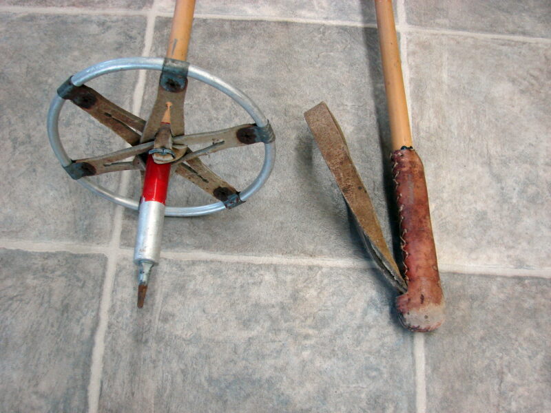 Vintage Antique Snowshoe Bamboo Aluminum Leather Rattan Basket Grip Ski Poles, Moose-R-Us.Com Log Cabin Decor
