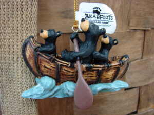 New Big Sky Carvers Bearfoots Bears Jeff Fleming Bear Creek Rapids Canoe Ornament