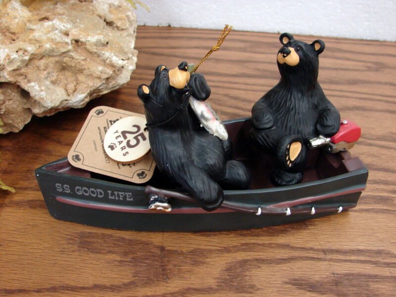 New Big Sky Carvers Bearfoots Bears Jeff Fleming SS Goodlife Black Bear Fishing Boat, Moose-R-Us.Com Log Cabin Decor