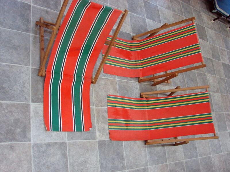 Vintage MCM Fold-up Striped Canvas Sand Beach Adjustable Back Rest Support Chair Set/3, Moose-R-Us.Com Log Cabin Decor