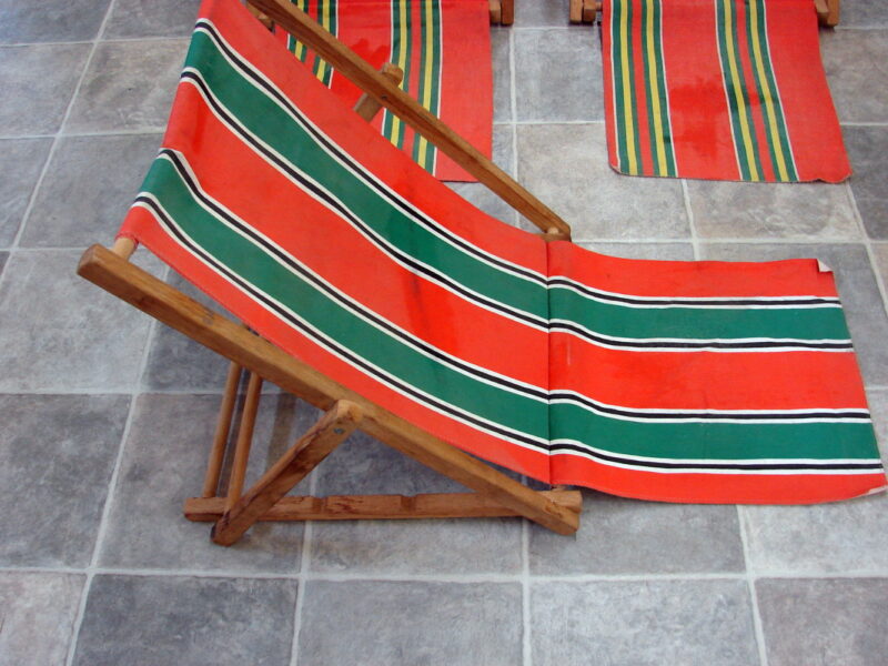 Vintage MCM Fold-up Striped Canvas Sand Beach Adjustable Back Rest Support Chair Set/3, Moose-R-Us.Com Log Cabin Decor