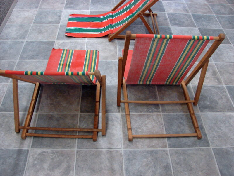 Vintage MCM Fold-up Striped Canvas Sand Beach Adjustable Back Rest Support Chair Set/3, Moose-R-Us.Com Log Cabin Decor