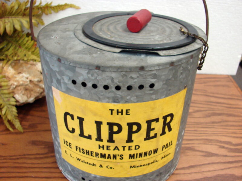 Vintage Galvanized Tin The Clipper Ice Fisherman Heated Minnow Bucket Complete, Moose-R-Us.Com Log Cabin Decor