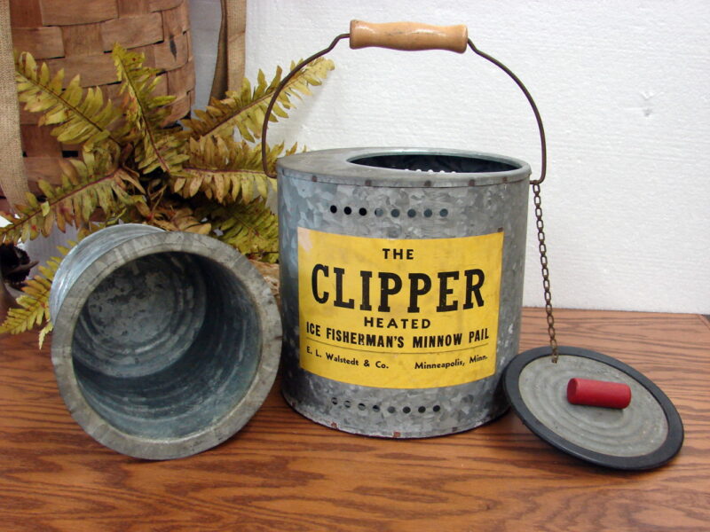 Vintage Galvanized Tin The Clipper Ice Fisherman Heated Minnow Bucket Complete, Moose-R-Us.Com Log Cabin Decor