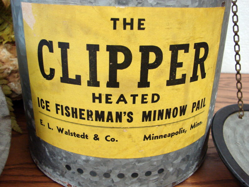 Vintage Galvanized Tin The Clipper Ice Fisherman Heated Minnow Bucket Complete, Moose-R-Us.Com Log Cabin Decor