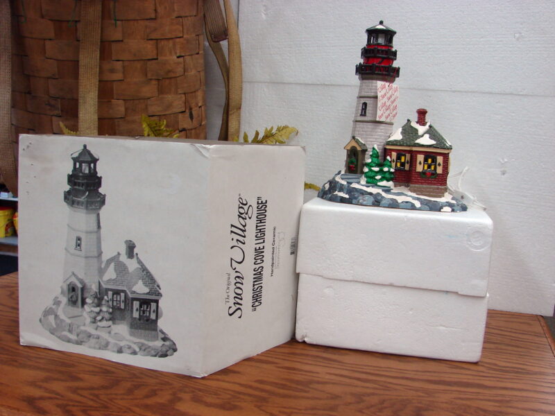 Dept 56 Snow Village &#8220;Christmas Cove Lighthouse&#8221; with Original Box, Moose-R-Us.Com Log Cabin Decor