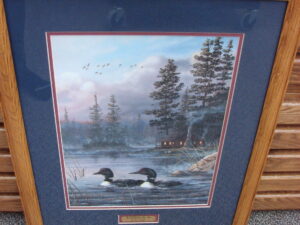 Terry Doughty Autumn in the Air Loon Cabin Framed Matted Print