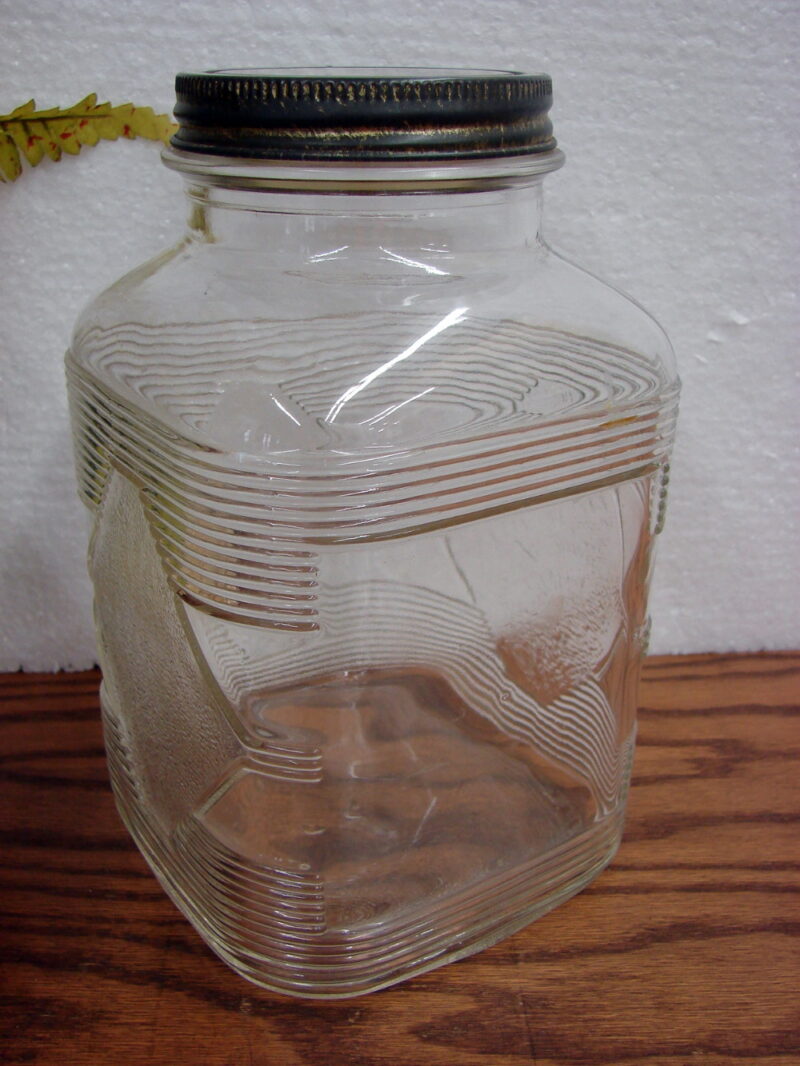 Vintage Hazel Atlas Glass Embossed Hoosier Square Coffee Jar w/ Lid, Moose-R-Us.Com Log Cabin Decor