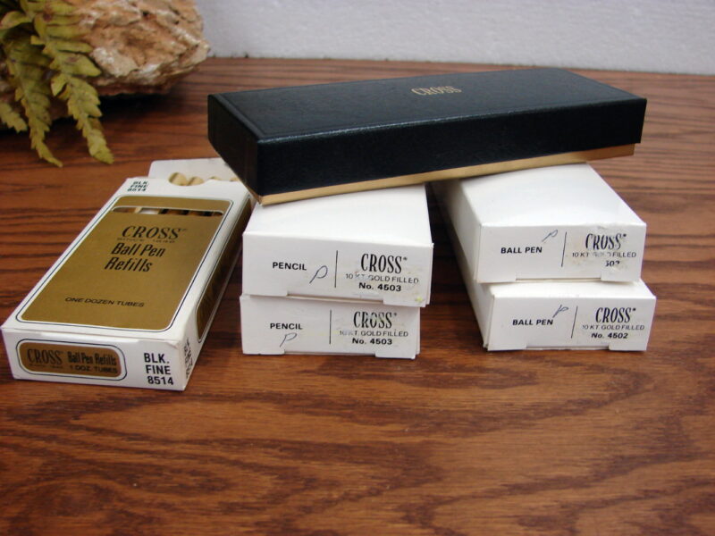 Vintage Cross Pen Pencil ITT Logo Lot Authentic Refills Classic Gold Boxes Sleeves, Moose-R-Us.Com Log Cabin Decor